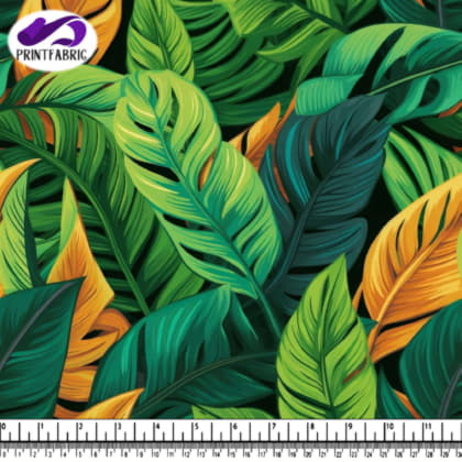Tropical Leaves Pattern in Green, Orange, and Yellow on black background
