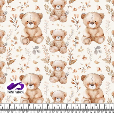 Watercolor Teddy Bear Pattern with Leaves and Flowers
