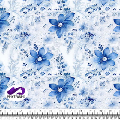 Floral Pattern with White Background and Blue and White Flowers