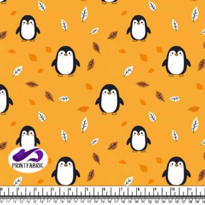 Cartoon Penguins on Yellow Background with Leaves