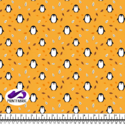 Cartoon Penguins on Yellow Background with Leaves