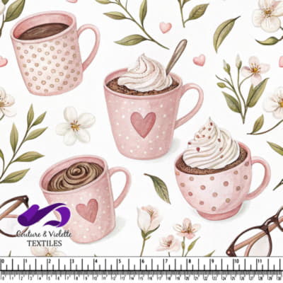 Pink Coffee Cups with Hearts and Floral Pattern on White Background