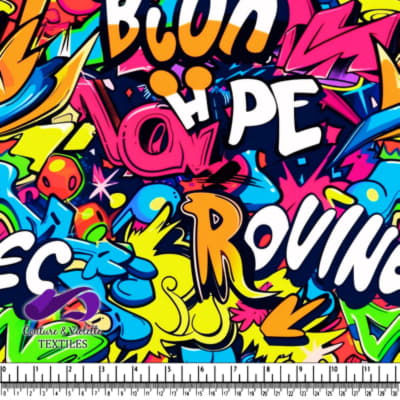 Colorful graffiti-style with bold letters and dynamic shapes.