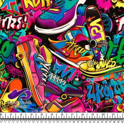 Colorful Sneakers and Skateboards with Graffiti Background