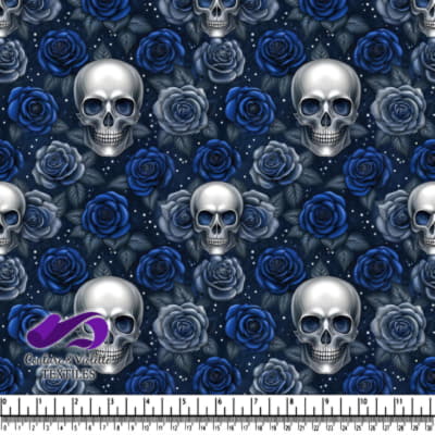 Silver skull surrounded by blue and gray roses