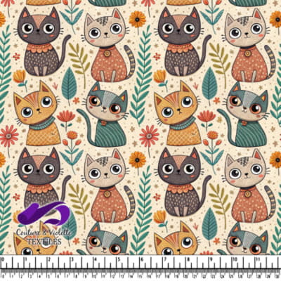 Cute whimsical cats with flowers and leaves