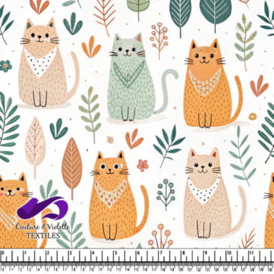 Smiling cats surrounded by leaves and flowers