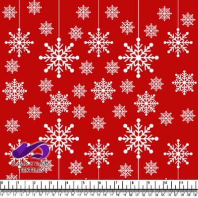 Red fabric with white hanging and scattered snowflakes pattern