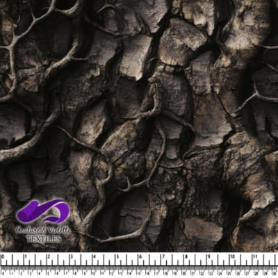Dark cracked textured bark with twisted roots