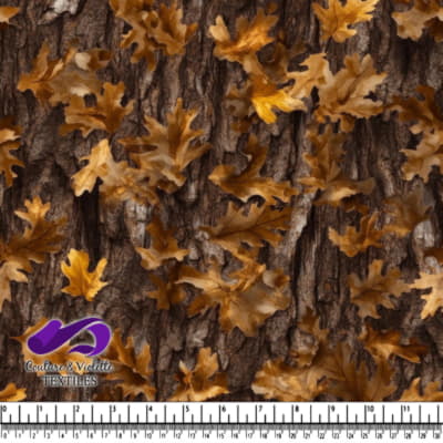 Brown autumn oak leaves scattered on tree bark