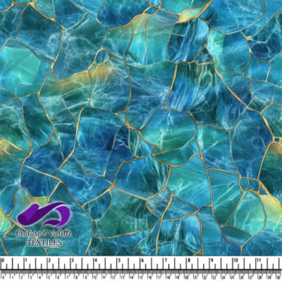 Blue and teal mosaic pattern with gold vein accents textile design