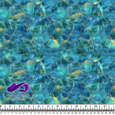 Blue and teal mosaic pattern with gold vein accents textile design