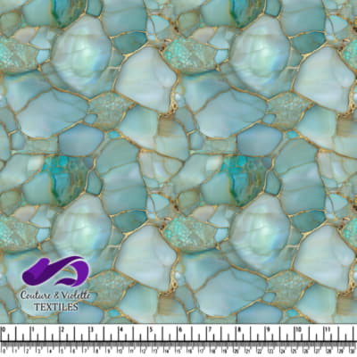 Blue and green marble textured fabric design with gold veining