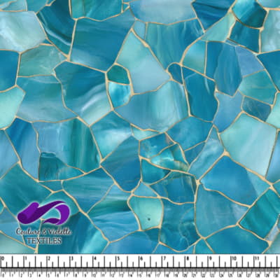 Blue mosaic tile pattern with gold grout and natural stone texture