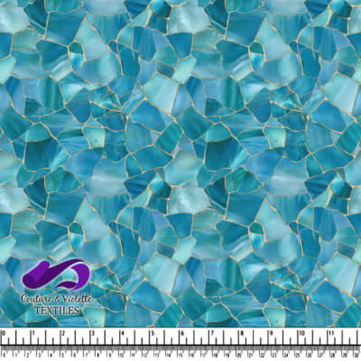 Blue mosaic tile pattern with gold grout and natural stone texture
