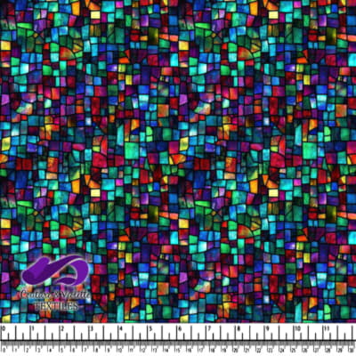 Colorful abstract stained glass mosaic pattern with various shapes and vibrant hues
