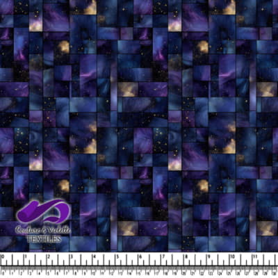 Patchwork of deep space galaxy patterns with gold star accents