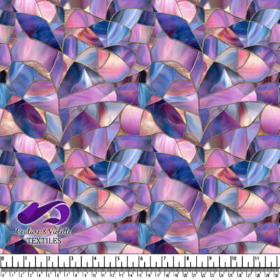 Abstract stained glass pattern with purple pink and blue hues and gold outlines