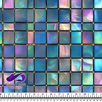 Iridescent blue and purple square mosaic tile pattern with gold accents