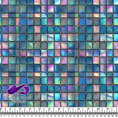 Iridescent blue and purple square mosaic tile pattern with gold accents