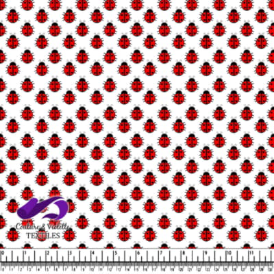 Pattern of red and black ladybugs on a white background