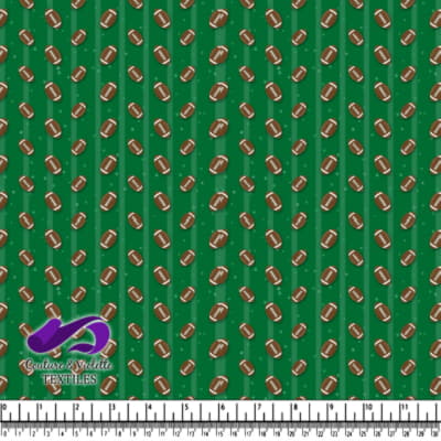 Pattern of scattered footballs on green field background with yard lines and small stars
