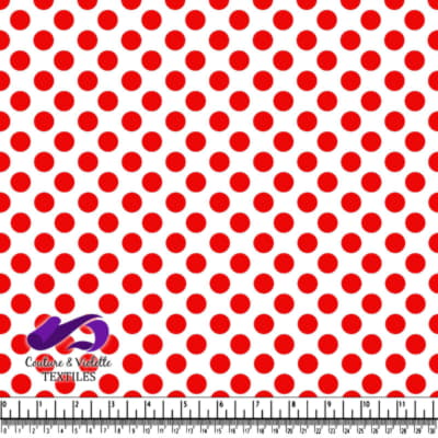 White fabric with evenly spaced red polka dots