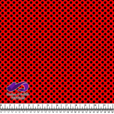 Red fabric with black polka dots pattern
