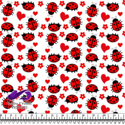 Red ladybugs hearts and flowers on white background