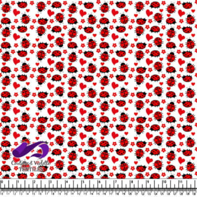 Red ladybugs hearts and flowers on white background