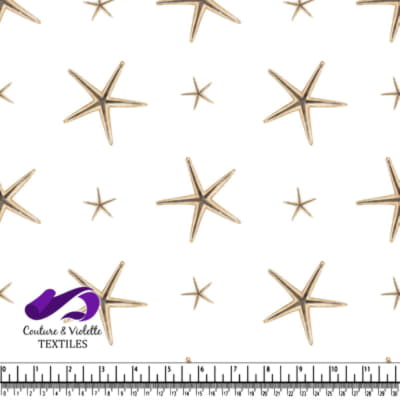 Patterned fabric design with beige starfish on white background