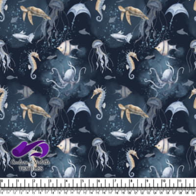 Underwater marine life on a dark blue background