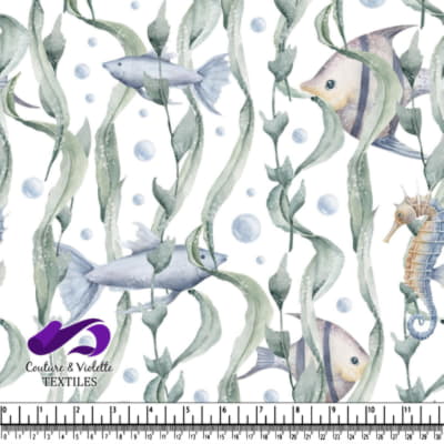 Underwater scene with fish seahorse seaweed