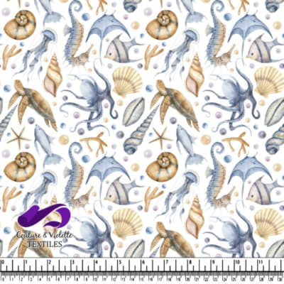 Watercolor sea creatures and shells pattern