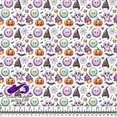 Colorful watercolor Halloween pattern with ghosts pumpkins
