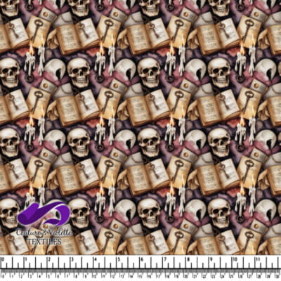 Vintage skulls keys open books and melting candles