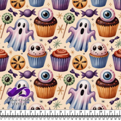 Cupcakes ghosts eyeballs and candy on beige background