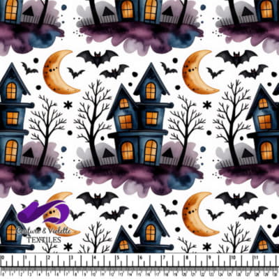 Halloween haunted house pattern with bats moon