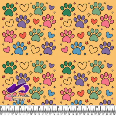 Colorful paw prints and hearts pattern