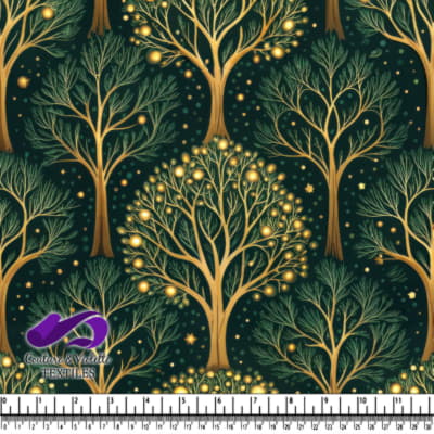 Golden glowing trees on dark green background fabric design