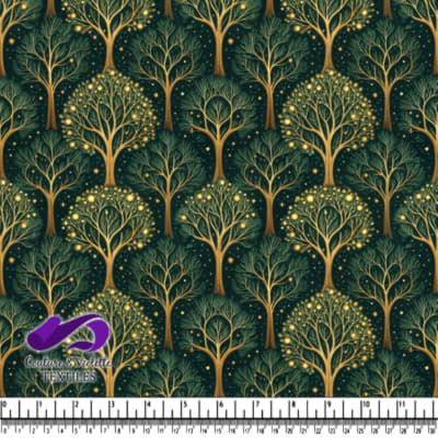 Golden glowing trees on dark green background fabric design