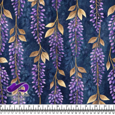 Golden Leaves and Purple Blossoms on Navy Background Fabric Pattern