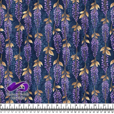 Golden Leaves and Purple Blossoms on Navy Background Fabric Pattern