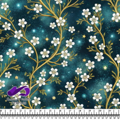 Golden Branches with White Flowers on Starry Blue Background