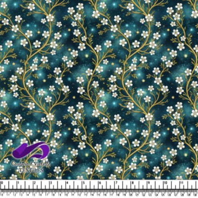 Golden Branches with White Flowers on Starry Blue Background