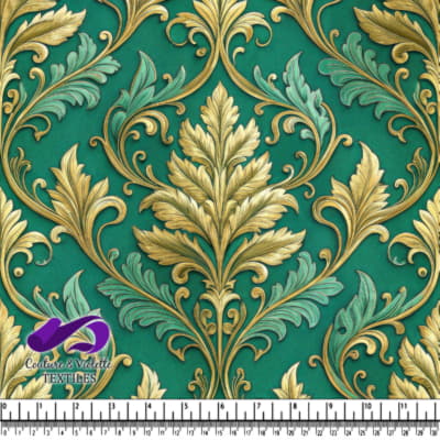 Golden Leaf Damask Pattern on Teal Fabric Background