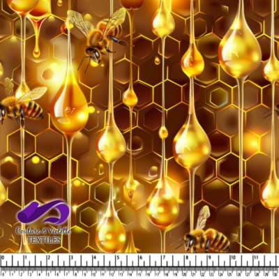 Golden honey drops and bees on hexagonal honeycomb pattern