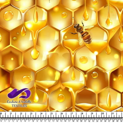 Golden Honeycomb with Dripping Honey and Bee Closeup