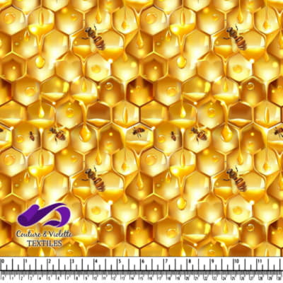 Golden Honeycomb with Dripping Honey and Bee Closeup