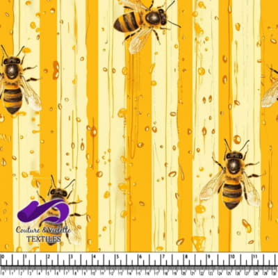 Honey Bees and Honey Drops on Yellow Striped Background Fabric Pattern